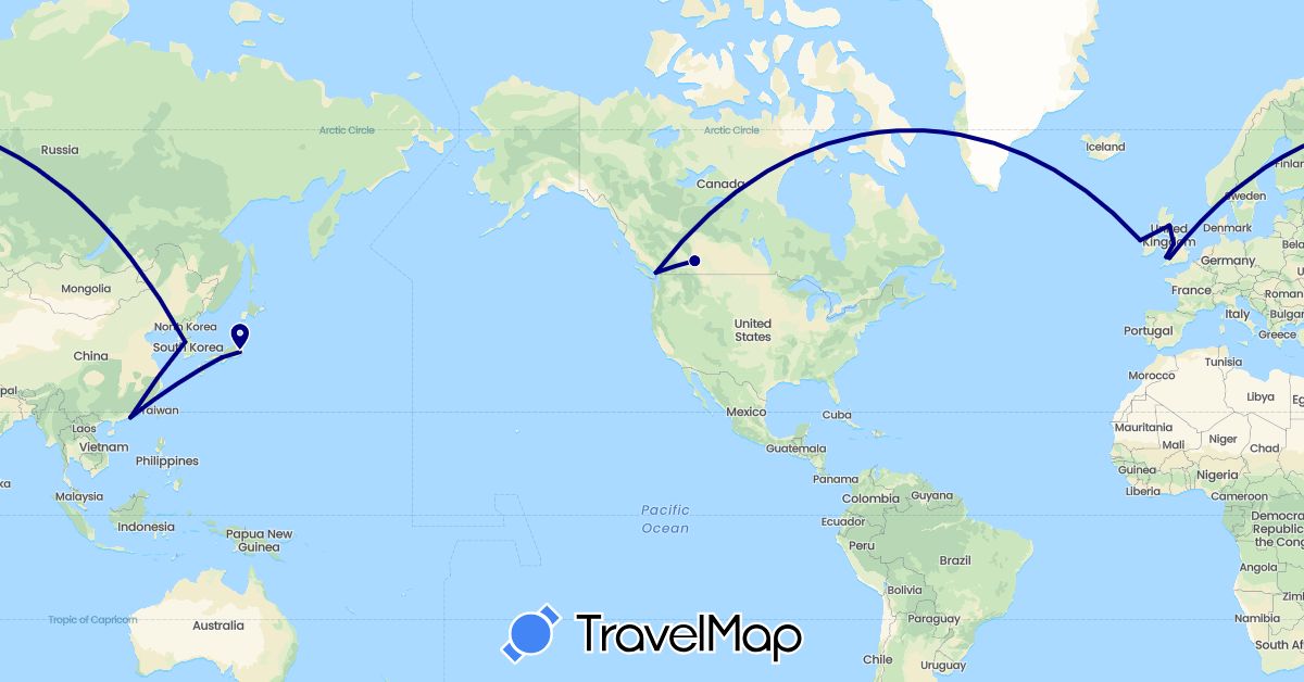 TravelMap itinerary: driving in Canada, China, United Kingdom, Ireland, Japan, South Korea (Asia, Europe, North America)